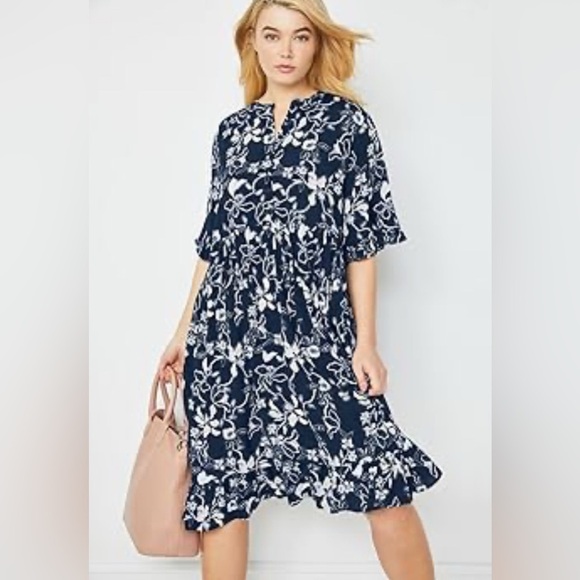 ELLOS Navy & White Floral Flutter Sleeve 1/2 Button Midi Dress, 1X-2X - Picture 1 of 9